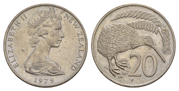 Новая Зеландия 20 центов 1979 Елизавета II (1952-2022), птичка киви KM 36.1 медно-никель 4182-1152