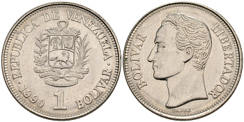 Венесуэла 1 боливар 1990 Симон Боливар KM 52а.2 сталь плакированная никелем 87-213