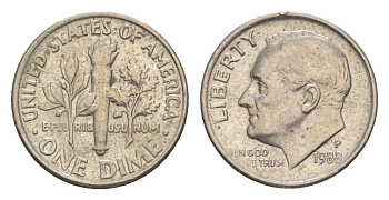 США 1 дайм (10 центов) 1988 P, президент Рузвельт KM 195a медь плакированная медно-никелем 4649-1253