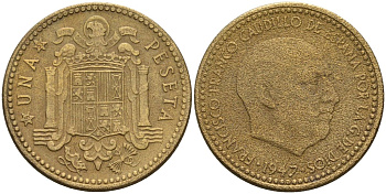 Испания 1 песета 1947 (53) Франсиско Франко (1939-1975) KM 775 алюминиевая бронза 3336-114