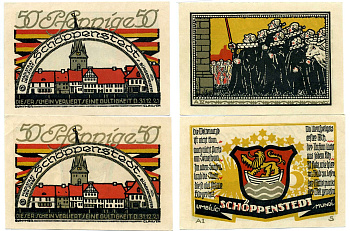 Шёппенштедт лот из 2 банкнот по 50 пфеннигов 1921 31 декабря 1921, нотгельд (номер А1, АIV), земля Нижняя Саксония Grabowski 1199.1а бумага 2195-27-1-2