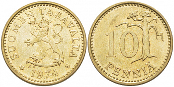 ФИНЛЯНДИЯ 10 ПЕННИ 1974 S KM 46 алюминиевая бронза UNC 3718-129
