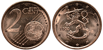 ФИНЛЯНДИЯ 2 ЕВРОЦЕНТА 2000 KM 99 сталь плакированная медью UNC 4181-456