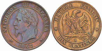 ФРАНЦИЯ 10 САНТИМОВ 1862 A, НАПОЛЕОН III (1852-1870) KM 798.1, LE FRANC 134.5 бронза 441-1225