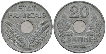 Франция 20 сантимов 1942 Правительство Виши KM 900 цинк aUNC 4616-833