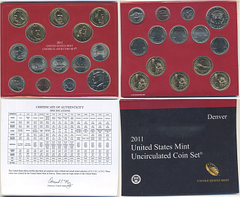 США полный годовой набор из 14 монет (1, 5, 10 (дайм) и 25 (квотер) центов; 1/2 (50 центов) и 1 доллар) 2011 D, в оригинальной упаковке с сертификатами KM 468, 381, 195a, A202b, 494, 495, 496, 497, 498, 499, 500, 501, 502 и 503 UNC 8-2-06-37