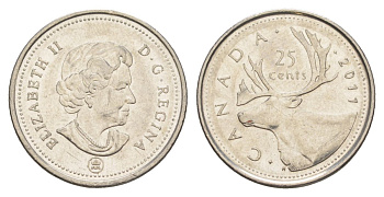 Канада 25 центов 2011 Leaf, Елизавета II (1952-2022), олень KM 2296 сталь плакированная никелем aUNC 4631-731