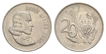 ЮАР 20 центов 1965 Ян ван Рибек (1619-1677), South Africa, легенда на английском, цветок протея KM 69.1 никель 4603-841
