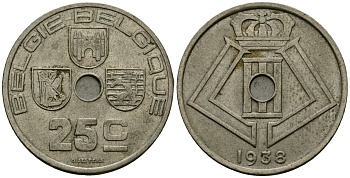 Бельгия 25 сантимов 1938 BELGIE - BELGIQUE KM 115 никель латунь 4172-127