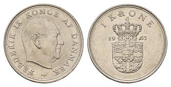 Дания 1 крона 1963 C; S, Фредерик IX (1947-1972) KM 851 медно-никель UNC 3459-921