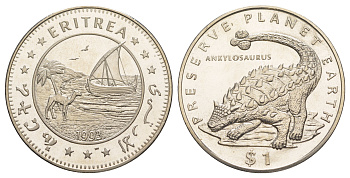 Эритрея 1 доллар 1993 Берегите планету Земля - Анкилозавр KM 13 медно-никель BU 1521-1133
