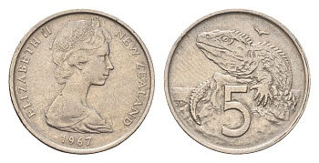 Новая Зеландия 5 центов 1967 Елизавета II (1952-2022), ящерица гаттерия KM 34 медно-никель 4655-237