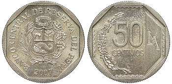 Перу 50 сентимо 2007 KM 307.4 медно-никель aUNC 4605-334