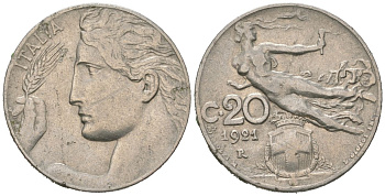 Италия 20 чентезимо 1921 R, Виктор Эммануил III (1900-1946) KM 44 никель 4164-1162