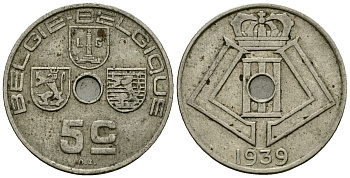 Бельгия 5 сантимов 1939 Belgie - Belgique KM 111 никель латунь 4173-631