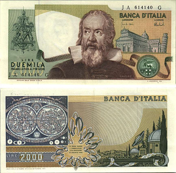 Италия 2000 лир 1973 Галилео, Пизанская башня Pick 103а бумага 7484-73-3-1