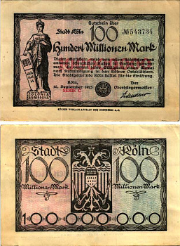 КЁЛЬН 100000000 МАРОК 1923 НОТГЕЛЬД, 10 СЕНТЯБРЯ 1923, СЕРИЯ С, ЗЕМЛЯ СЕВЕРНЫЙ РЕЙН-ВЕСТФАЛИЯ Keller 2684x бумага 6318-36-2-1