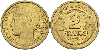 ФРАНЦИЯ 2 ФРАНКА 1938 ТИП MORLON KM 886, LE FRANC 268.11 алюминиевая бронза 69-1244