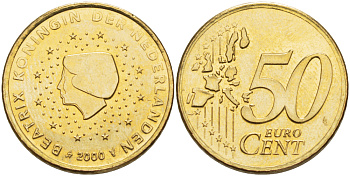 НИДЕРЛАНДЫ 50 ЕВРОЦЕНТОВ 2000 КОРОЛЕВА БЕАТРИКС KM 239 латунь 86-953
