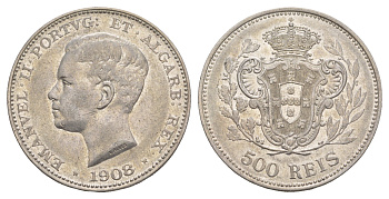 Португалия 500 реалов (рейсов) 1908 Мануэл II (1908-1910) KM 547 серебро 3896-1035