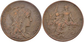 ФРАНЦИЯ 5 САНТИМОВ 1899 ТИП ДАНИЭЛЬ ДЮПЮИ KM 842, LE FRANC 119.7 бронза 28-615