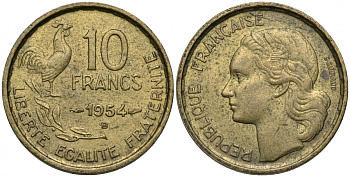 Франция 10 франков 1954 В, петух KM 915.2, Le Frank 363.11 алюминиевая бронза 51-2614