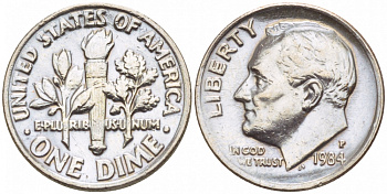 США 10 ЦЕНТОВ = 1 ДАЙМ 1984 P, РУЗВЕЛЬТ KM 195а медь плакированная медно-никелем 4547-948