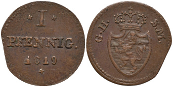 Гессен-Дармштадт 1 пфенниг 1819 GH-SM, Великий Герцог Людвиг I (1806-1830) KM 280 медь 4532-766