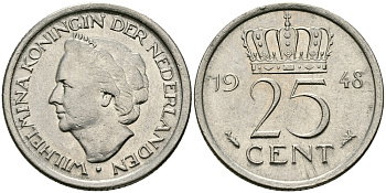 НИДЕРЛАНДЫ 25 ЦЕНТОВ 1948 ВИЛЬГЕЛЬМИНА KM 178 никель 96-117