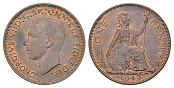 Великобритания 1 пенни 1949 Георг VI (1936-1952), редкий год KM 869, Spink 4117 бронза aUNC 1527-1412