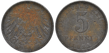 ГЕРМАНИЯ 5 ПФЕННИГОВ 1921 A KM 19, J. 297 железо 45-1218