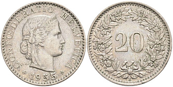 ШВЕЙЦАРИЯ 20 РАППЕНОВ 1955 В KM 29a медно-никель 55-734