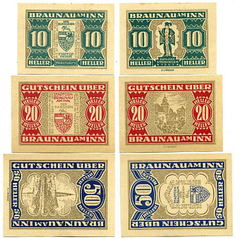 Австрия, Браунау-ам-Инн набор из 3 банкнот 10, 20, 50 геллеров 1920 31 декабря 1920, нотгельд, земля Верхняя Австрия   бумага  UNC (пресс) 7555-23-1-2