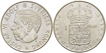 Швеция 1 крона 1961 U, Густав VI Адольф (1950-1973) KM 826 серебро 175-1132