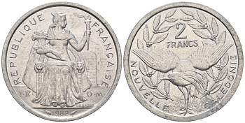 Французская Новая Каледония 2 франка 1982 птица кагу, (IEOM) KM 14, Schoen 11, Lec 62 алюминий    27-554