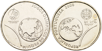 Португалия 2 1/2 евро 2008 XXIX Летние Олимпийские игры 2008 года в Пекине, земной шар KM 790 медно-никель UNC 1096-3-15