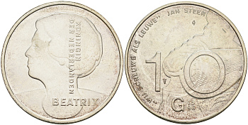 Нидерланды 10 гульденов 1996 Ян Стен, автопортрет с лютней, королева Беатрикс KM 223 серебро UNC 4590-1131