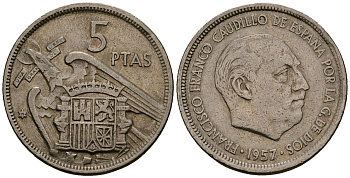 Испания 5 песет 1957 Франсиско Франко (1939-1975) KM 786 медно-никель 4176-442