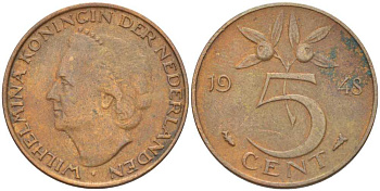 НИДЕРЛАНДЫ 5 ЦЕНТОВ 1948 ВИЛЬГЕЛЬМИНА (1890-1948) KM 176 бронза 212-1027