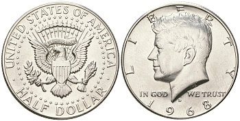 США 1/2 доллара (50 центов) 1968 D, Джон Кеннеди KM 202a серебро  UNC  4178-943