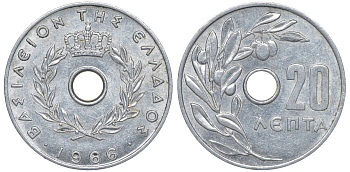 Греция 20 лепта 1966 Константин II (1964-1974), оливковая ветвь KM 79 алюминий 4610-812