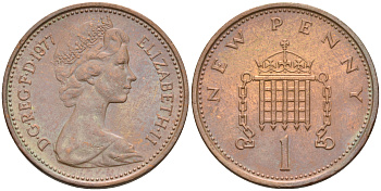 Великобритания 1 пенни 1977 Елизавета II (1952-2022) KM 915, Spink 4237 (B1) бронза 4594-115