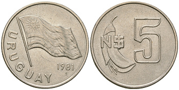 Уругвай 5 песо 1981 флаг KM 75, Schoen 54 медно-никель  UNC  4448-422