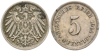 Германия 5 пфеннигов 1914 A, KM 11, J. 12 медно-никель 220-729