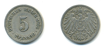 ГЕРМАНИЯ 5 ПФЕННИГОВ 1902 F, KM 11, J. 12 медно-никель 4379-518