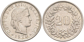 Швейцария 20 раппенов 1970 KM 29a медно-никель 55-926