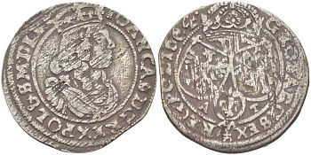 Польша 6 грошей (шостак) 1664 A-T, Ян II Казимир (1648-1668), вес 3,18 гр., легенда (IOAN CA) KM 91, Kopinski 136.6b серебро 1517-924