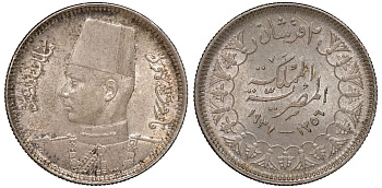 Египет 2 пиастра 1937 АН1356, Фарук (1936-1952) KM 365 серебро aUNC 1528-1021