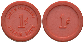 США, тюремное управление Северной Каролины тюремный жетон в 1 цент ND (1930-1970) TC?302197, Zara?NC-7, BHJD?NC-NCP-TB-001 пластик 4151-366