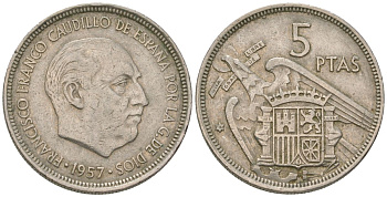 Испания 5 песет 1957 Франсиско Франко (1939-1975) KM 786 медно-никель 4616-946